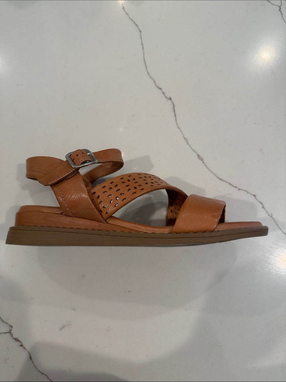Miz Mooz Cognac Perforated Leather Cross-Strap Sandals